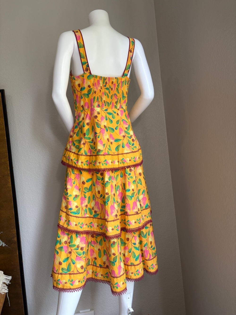 Farm Rio Cashew Tiered Midi Dress, floral print, fit & flare, cotton, vacation - Picture 4 of 15